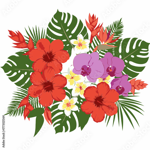 Tropical flower bouquet display with vibrant colors and lush greenery. Colorful floral arrangement with hibiscus, orchids, plumeria, and exotic foliage.