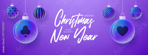 Casino Christmas and New Year sport banner. Merry Christmas tech greeting card with xmas ball as a bauble on purple neon background. Vector illustration