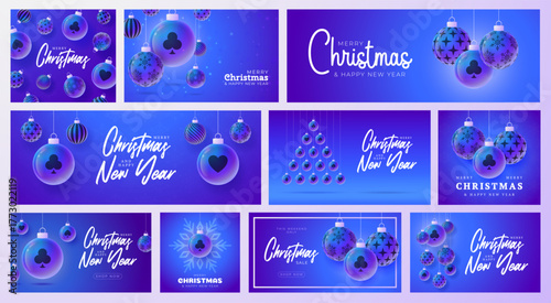 Casino Christmas and New Year sport banner set. Merry Christmas futuristic neon greeting card collection with xmas ball as a bauble. Vector illustration collection