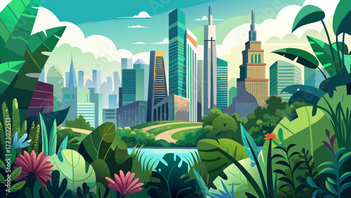 Very beautiful view of lush green plants in the foreground with towering skyscrapers of Chicago, Illinois, USA, rising behind them, blending urban architecture with vibrant nature.