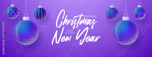 Golf Christmas and New Year sport banner. Merry Christmas tech greeting card with xmas ball as a bauble on purple neon background. Vector illustration