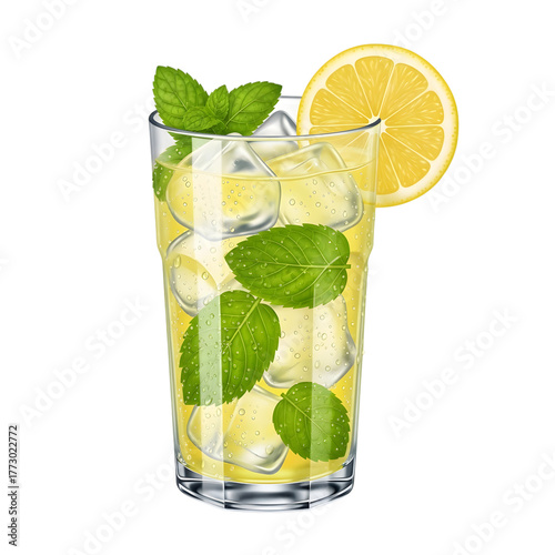 Refreshing lemonade with ice, mint, and lemon isolated on transparent background