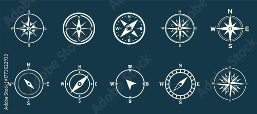 Compass icons set. Vector compass icons. Compass Direction Icons – North, East, West, South Vector Set.