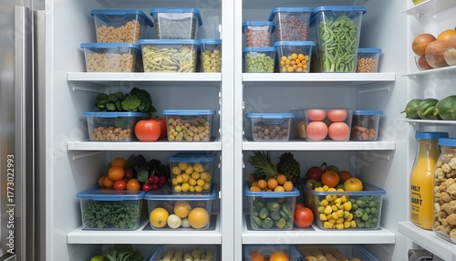 Organized refrigerator with neatly arranged fresh fruits, vegetables, beans, and healthy ingredients stored in transparent containers for clean eating, meal prep, and kitchen storage organization life