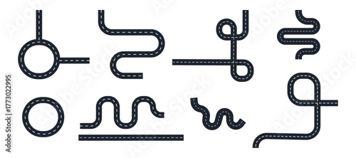Road vector. Curved winding road from top view, straight road and bending roads.