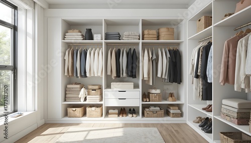 Modern walk-in closet interior with neatly organized clothing, wooden flooring, white shelves, hanging garments, storage baskets, and natural daylight coming from a large window, creating a clean