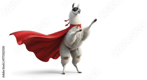 Funny superhero llama in red cape and mask striking a heroic pose with confident expression, concept of animal power and parody hero on white background.