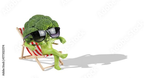 Funny broccoli character in sunglasses relaxing on a striped beach chair, enjoying summer vibes, lounging with legs crossed, isolated on white background