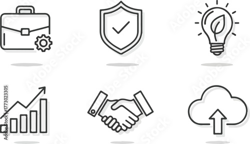 Collection of business icons including a briefcase with gear, shield with checkmark, lightbulb with leaf, graph, handshake, and cloud upload.