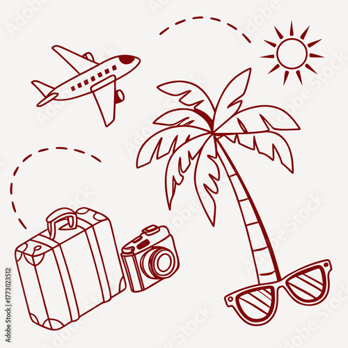 Travel doodle with airplane, palm tree, suitcase, camera