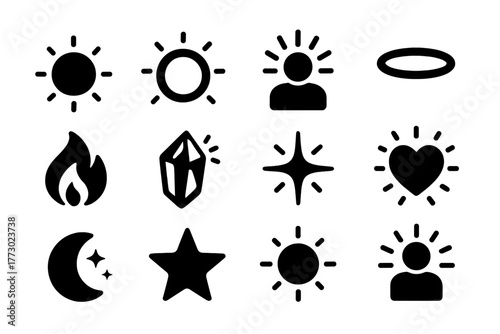 Solid Glowing Icons. Solid style icons of glow: glowing circle, neon ring, radiant aura, halo light, glowing flame, luminous