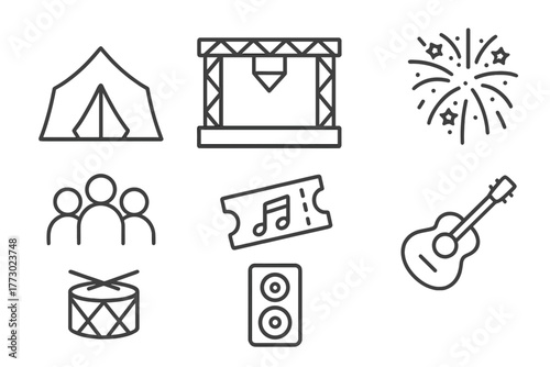 Music Festival Icons. Line style icons of Music Festival: Tent, Stage, Speaker, Fireworks, Crowd, Ticket, Drum, Guitar, No text,
