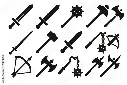 Knight Weapon Icons. Solid style icons of Knight weapons: longsword, broadsword, mace, axe, lance, war hammer, dagger, crossbow,