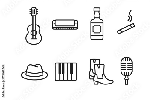 Blues Lifestyle Icons. Line style icons of Blues Lifestyle: Guitar, Harmonica, Whiskey Bottle, Cigarette, Fedora Hat, Piano, Boots