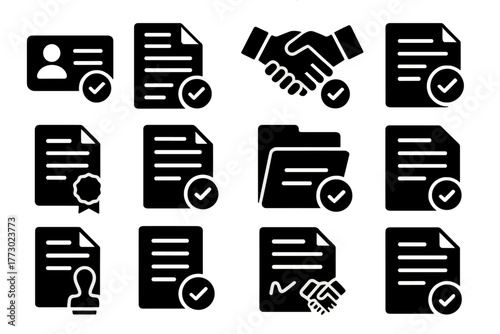 Verification Icons Set. Solid style icons of Verification and proof: ID paper, proof of contract, signed agreement, confirmation