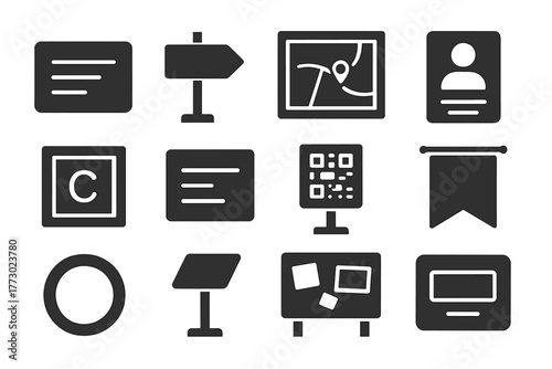 Art Exhibition Icons. Solid style icons of Art exhibition signage: information plaque, directional sign, map board, artist label,