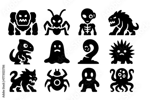 Sci-Fi Creature Icons. Solid style icons of sci-fi creatures: robotic monster, alien bug, cyborg alien, mutated beast, alien