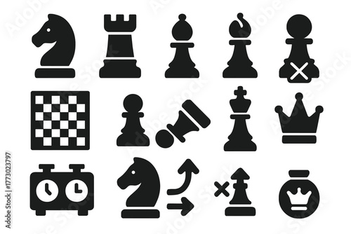 Solid Chess Icons. Solid style icons of chess pieces: knight piece, rook, bishop, pawn, queen, king, chess board, captured piece,