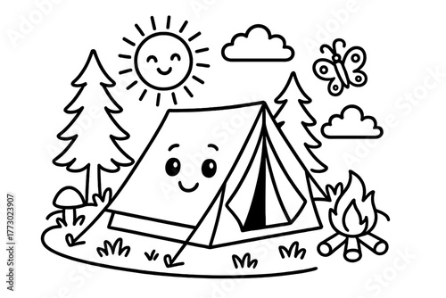 Playful Camping Tent. A cute camping tent in a playful scene with friendly details, black and white line art, children’s coloring