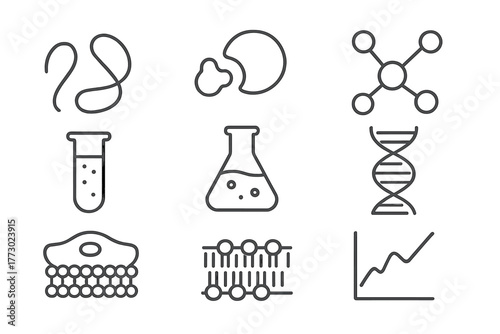Molecular Biology Icons. Line style icons of Molecular Biology: Protein, Enzyme, Molecule, Test Tube, Lab Flask, DNA Helix, Cell