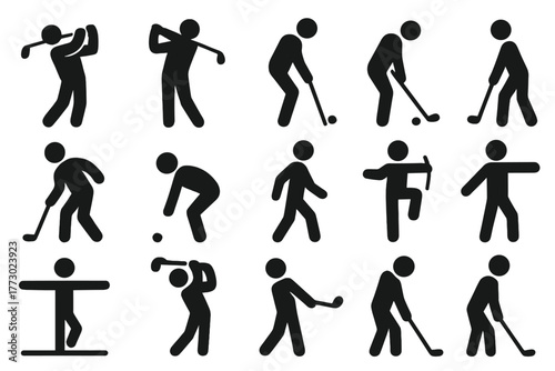 Action Movement Icons. Solid style icons of Action and movement: swing, follow-through, putting, chipping, pitching, bending,
