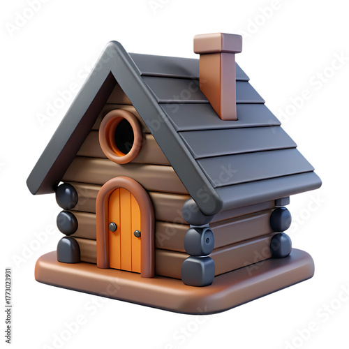 Charming wooden cabin with a prominent chimney and round window isolated on transparent background