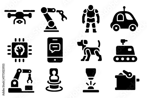 Futuristic Machine Icons. Solid style icons of Futuristic machines: drone, robotic arm, exoskeleton, autonomous vehicle, AI core,