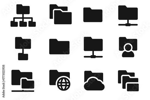 Directory Structure Icons. Solid style icons of Directory structure: folder tree, nested folders, root directory, branch folder,
