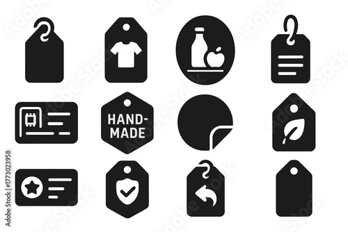 Shopping Label Icons. Solid style icons of shopping labels: product label, clothing tag, grocery label, shelf label, electronic