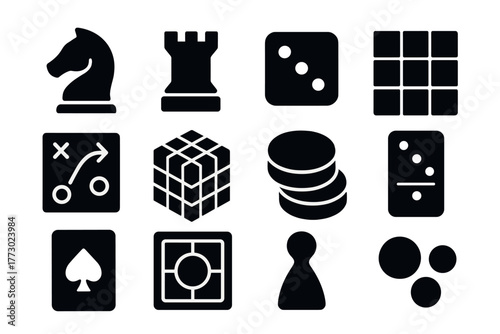 Board Game Icons. Solid style icons of board games: chess knight, rook, dice, board squares, strategy arrows, puzzle cube,