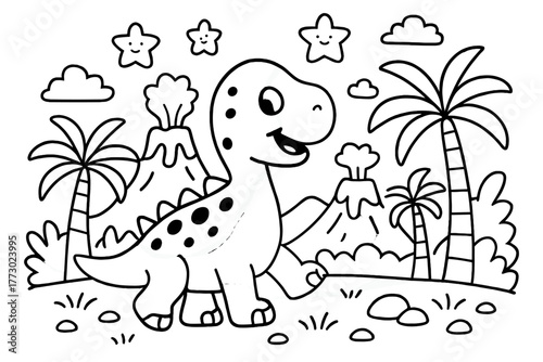 Dinosaur's Joyful Adventure. A happy dinosaur walking among volcanoes, palm trees, and smiling stars in the sky, black and white