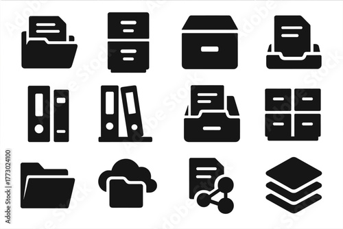 Organizational Icons Collection. Solid style icons of Organization: folder with documents, filing cabinet, archive box, document
