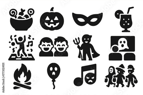 Festive Halloween Icons. Solid style icons of festive fun: candy bowl, pumpkin lantern, party mask, spooky drink, dance floor,