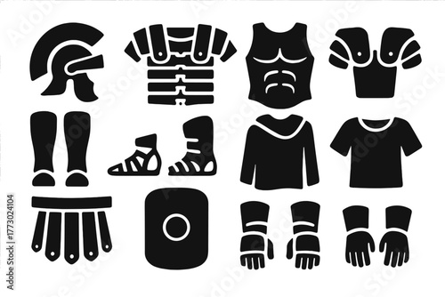 Roman Armor Icons. Solid style icons of Roman armor: helmet, lorica segmentata, chestplate, arm guards, leg greaves, sandals, cape