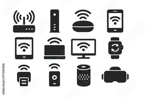 Wireless Devices Icons. Solid style icons of wireless devices: router box, modem device, access point, smartphone signal, tablet