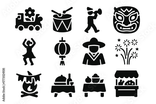 Festive Icons Collection. Solid style icons of festivities: parade float, drum, marching band, street dancer, lantern, traditional