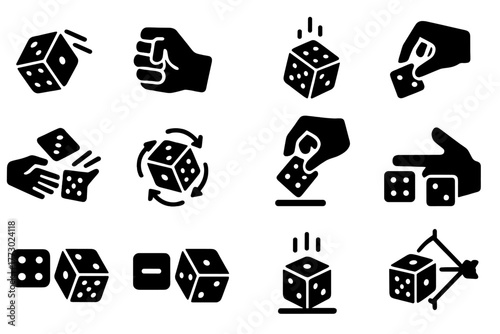 Dice Action Icons. Solid style icons of Dice actions: roll, shake, throw, toss, cast, spin, pick, count, add, subtract, land, aim