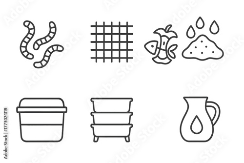 Vermicomposting Icons. Line style icons of Vermicomposting: Worms, Bedding, Food Scraps, Moist Soil, Container, Air Holes, Tray,