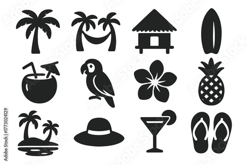 Tropical Vacation Icons. Solid style icons of tropical vacation: palm tree, hammock, beach hut, surfboard, coconut drink, parrot,