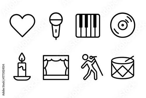 Emotional Soul Icons. Line style icons of Emotional Soul: Heart, Microphone, Piano, Vinyl Record, Candle, Stage, Singer Pose, Drum