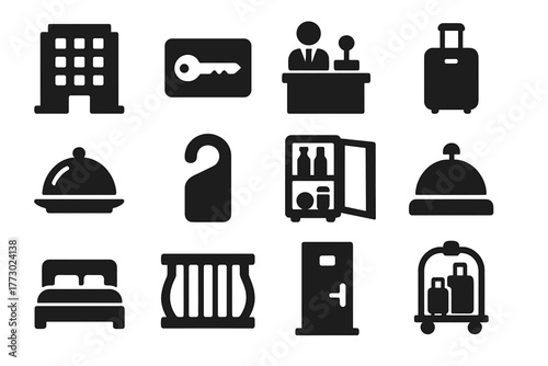 Hotel Amenities Icons. Solid style icons of Hotel amenities: hotel building, key card, reception desk, luggage, room service, do