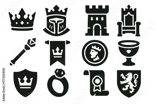 Medieval Royal Icons. Solid style icons of medieval royalty: armored crown, knight helmet with crown, castle tower, medieval