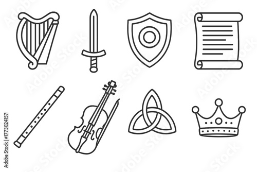 Celtic Legends Icons. Line style icons of Celtic Legends: Harp, Sword, Shield, Scroll, Flute, Fiddle, Celtic Knot, Crown, No text,