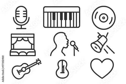 Soul Performance Icons. Line style icons of Soul Performance: Microphone, Piano, Vinyl Record, Stage, Singer Silhouette, Spotlight
