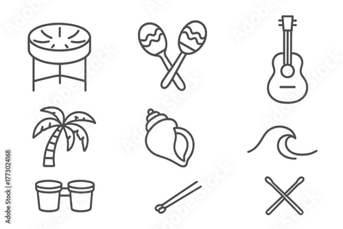 Caribbean Music Icons. Line style icons of Caribbean Music: Steel Drum, Maracas, Guitar, Bongos, Palm Tree, Conch Shell, Wave,