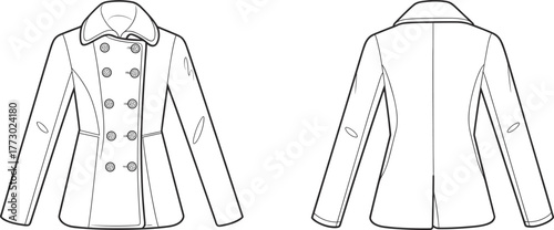 Double-breasted pea coat flat sketch, front and back view, fashion illustration, tailored outerwear, lapel collar, button detail, winter garment, vector drawing