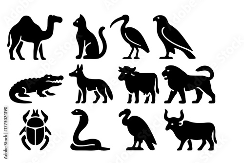 Egyptian Animal Icons. Solid style icons of Egyptian animals: camel, cat, ibis, falcon, crocodile, jackal, cow, lion, scarab