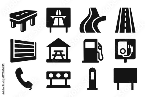 Highway Icon Set. Solid style icons of highways: elevated expressway, highway exit sign, highway entrance ramp, traffic lane