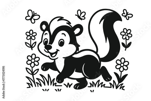 Playful Skunk Illustration. A playful skunk with flowers, grass, and butterflies around, black and white line art, children’s