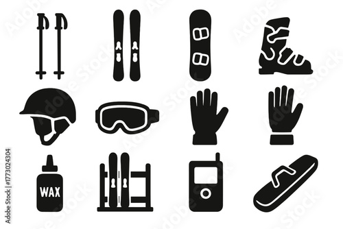 Ski Equipment Icons. Solid style icons of Skiing equipment: ski poles, skis, snowboard, bindings, helmet, goggles, gloves, boots,